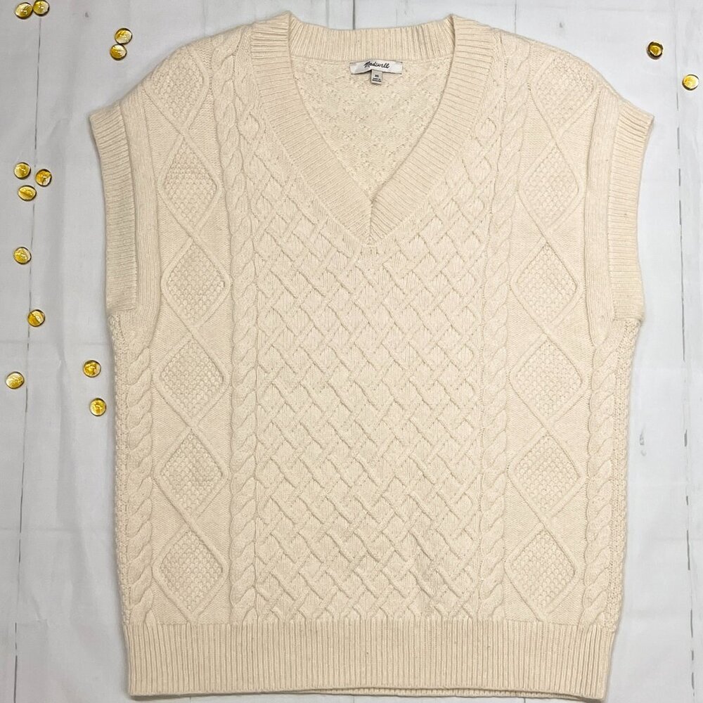 Madewell Ivory Cable-Knit V-Neck Sweater Vest, Sz:  XS